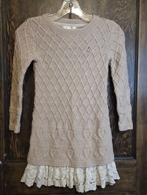 Girls Max Studio Soft Pink Long Sleeve Knit  Sweater Dress w/ Lace Eyelet Sz. 6X